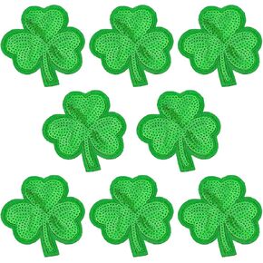 8Pcs Shamrock Iron on Patches Sequins Clover Embroidered Patches St. Patrick's Day Sew on Appliques for Clothes Jeans Hats Jackets Bags Decorations Supplies Green