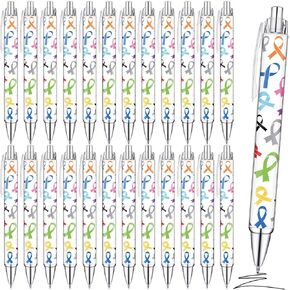 Fulmoon 36 Pieces Cancer Awareness Ballpoint Pens Bulk Colorful Ribbon Retractable Gel Pen Black Ink Cancer Awareness Accessories for Public Events Charity Supplies Decor