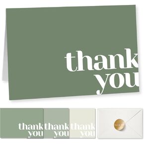 Paper Play Thank You Cards Bulk Pack of 40 Green, 5x3.5 Inches with Matching Stickers & Envelopes, Minimalistic Design Suitable for Business, Baby Shower, Wedding, Small Business, Graduation, Funeral