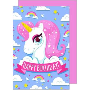 Premium Birthday Card with envelope. Greeting Happy Birthday for children girl boy friend pink unicorn rainbow (G2936 SW022)