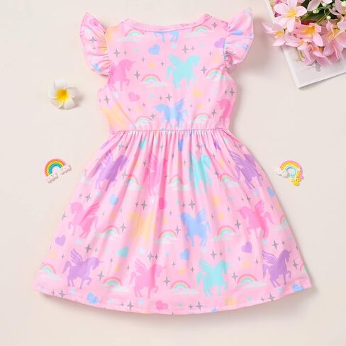 Baby Girls Dress Unicorn Casual Flutter Sleeve Swing Sundress Birthday Party Summer Playwear Dresses 1-8 Years Old in Kuwait