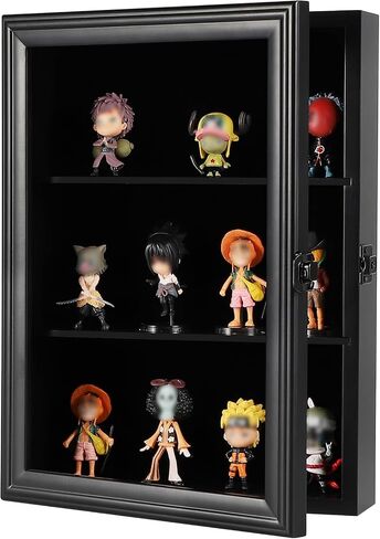 VERANI Action Figure Display Case - Wall Mount Wood Cabinet for Minifigures Action Figures - Lockable Black Lock with Real Glass Door, for Mini Toys,Collections and Stone Rock Black in Saudi Arabia