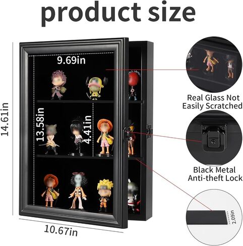 VERANI Action Figure Display Case - Wall Mount Wood Cabinet for Minifigures Action Figures - Lockable Black Lock with Real Glass Door, for Mini Toys,Collections and Stone Rock Black in Saudi Arabia