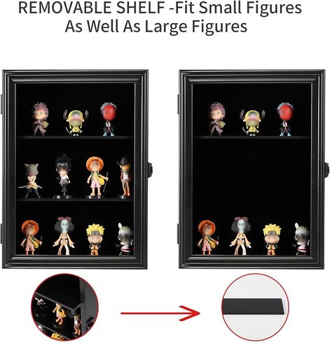 VERANI Action Figure Display Case - Wall Mount Wood Cabinet for Minifigures Action Figures - Lockable Black Lock with Real Glass Door, for Mini Toys,Collections and Stone Rock Black in Saudi Arabia