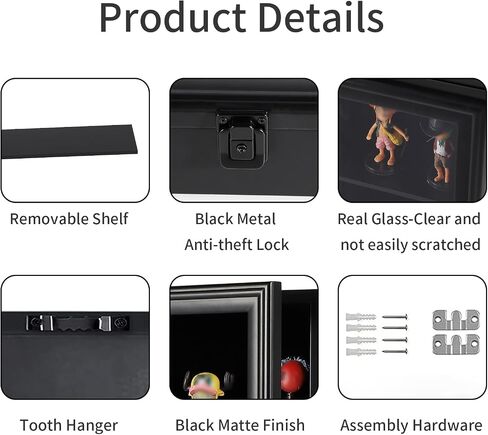 VERANI Action Figure Display Case - Wall Mount Wood Cabinet for Minifigures Action Figures - Lockable Black Lock with Real Glass Door, for Mini Toys,Collections and Stone Rock Black in Saudi Arabia