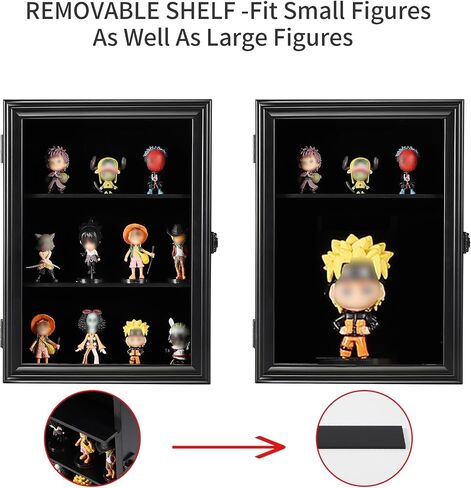 VERANI Action Figure Display Case - Wall Mount Wood Cabinet for Minifigures Action Figures - Lockable Black Lock with Real Glass Door, for Mini Toys,Collections and Stone Rock Black in Saudi Arabia