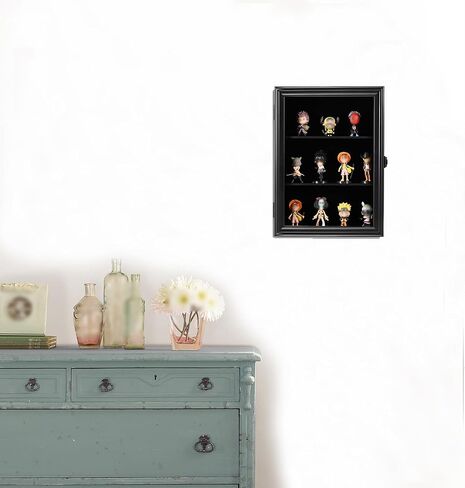 VERANI Action Figure Display Case - Wall Mount Wood Cabinet for Minifigures Action Figures - Lockable Black Lock with Real Glass Door, for Mini Toys,Collections and Stone Rock Black in Saudi Arabia