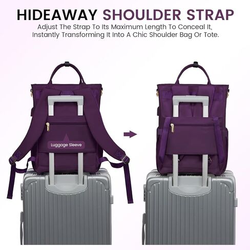 حقائب الظهر المحمول القابلة للتحويل LoveVook للنساء ، حقائب الظهر على ظهر حقيبة الظهر 15.6 بوصة مع ميناء شحن USB ، حقيبة كلية كبيرة للممرضات ، الأرجواني/الأسود in Kuwait