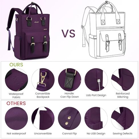 حقائب الظهر المحمول القابلة للتحويل LoveVook للنساء ، حقائب الظهر على ظهر حقيبة الظهر 15.6 بوصة مع ميناء شحن USB ، حقيبة كلية كبيرة للممرضات ، الأرجواني/الأسود in Kuwait