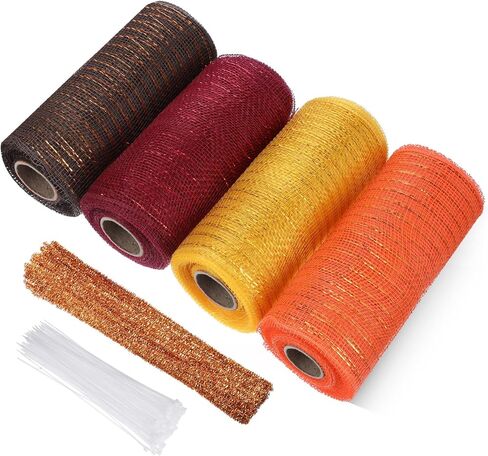 Funtery 4 Roll 40 Yard Fall Deco Mesh Ribbon Mesh Roll with Chenille Stems and Clear Zip Ties for Wreath Making Crafts Supplies Fall Autumn Thanksgiving Halloween Holiday Decoration(6 Inch) in Saudi Arabia