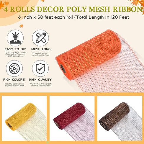 Funtery 4 Roll 40 Yard Fall Deco Mesh Ribbon Mesh Roll with Chenille Stems and Clear Zip Ties for Wreath Making Crafts Supplies Fall Autumn Thanksgiving Halloween Holiday Decoration(6 Inch) in Saudi Arabia