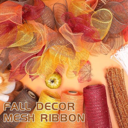 Funtery 4 Roll 40 Yard Fall Deco Mesh Ribbon Mesh Roll with Chenille Stems and Clear Zip Ties for Wreath Making Crafts Supplies Fall Autumn Thanksgiving Halloween Holiday Decoration(6 Inch) in Saudi Arabia