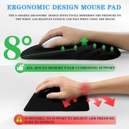 Ergonomic Mouse Pad Wrist Support，Wrist Rest Mouse pad for Carpal Tunnel Pain Relief with Memory Foam&Non-Slip PU Base, Mouse Pads for Wireless Mouse & Desk (12x8 inch,Black) in Kuwait