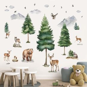 wondever Mountain Tree Wall Stickers Large Pine Tree Forest Animal Bear Fox Peel and Stick Wall Art Decals for Kids Room Baby Nursery Bedroom