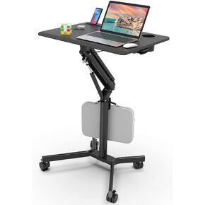 JOY worker Mobile Standing Desk, 28 inch Small Height Adjustable Rolling Laptop Desk, Portable Sit Stand Desk with Lockable Wheels, Ergonomic Desktop Table for Home Office, Rustic Brown