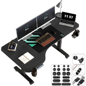 JWX Standing Adjustable Desk, 63 inches L Shaped Electric Standing Gaming Desk with Locking Wheels, Cup Holder, Headphone Hook, Cable Manager, Mouse pad, Carbon Fiber Textured Pane