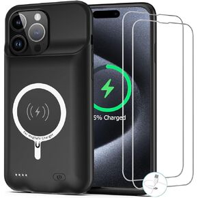 Battery Case for iPhone 15 Pro, [10000mAh] Enhanced Portable Protective Smart Qi Wireless Charger Case Battery Pack with CarPlay Wireless Charging Case Compatible for iPhone 15 Pro (6.1 inch)-Black