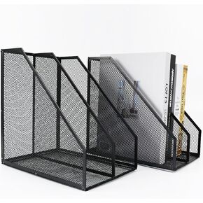 حامل ملفات المجلات المكتبي المعدني، حامل ملفات شبكي مكون من جزأين، منظم وتخزين شبكي لسطح المكتب، أسود