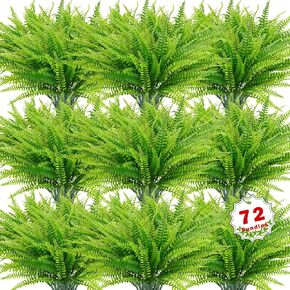 72 Pcs Artificial Ferns for Outdoors, UV Resistant Faux Boston Fern Stems Plastic Artificial Plants Shrubs Greenery for Garden Porch Window Box Indoor Outdoor