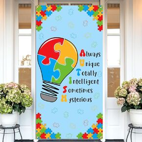 Vohado Autism Awareness Door Cover Puzzle Piece Love Needs No Words April Decoration School Classroom Front Porch Banner Door Decor