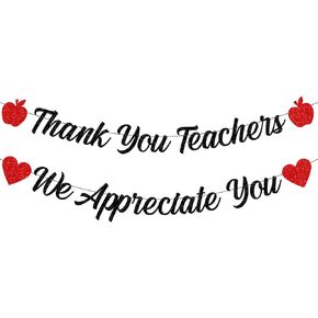 Black Glitter Thank You Teachers We Appreciate You Banner with Heart Apple Teacher Appreciation Week Garland Banner Teachers Day Party Decorations Thank You Teachers Fireplace Mantle Supplies