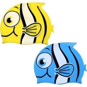2Packs Kids Cartoon Fish Swim Caps Children Elastic Swimming Hats Silicone Swimming Caps for Girls and Boys Waterproof Stretchy Swim Bathing Caps Keep Hair Clean Dry (1*Blue and 1*Yellow)