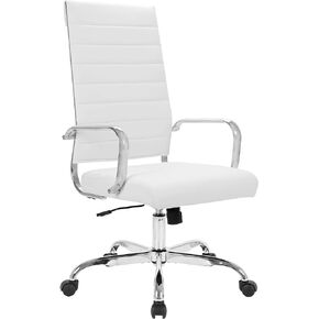 LANDSUN Home Office Chair Ribbed Leather High Back Executive Swivel Computer Desk Chairs with Wheels and Armrests Soft Padded Adjustable Height Modern Conference Chrome White