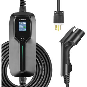 10/16A EV Charger Level 1+2, 25ft Charging Cable NEMA 6-20 Plug with LCD Display Portable EV Charging Station for Electric and Hybrid Vehicles