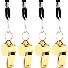 4 PCS Whistles, Stainless Steel Whistle with Lanyard, Super Loud Crisp Premium Metal Sports Whistles for Referees, Coaches, Teachers, Polices, Training, Outdoor Activities Emergency(Gold)