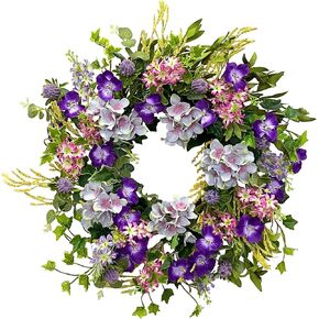 24 Inch Spring Wreath Purple Flower Wreath Everyday Artificial Wild Flower Wreath for Front Door, Spring Summer Wild