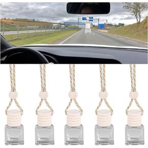 5PCS Hanging Car Air Freshener, 8 ml Oil Diffuser Perfume Aromatherapy Pendant Empty Glass Bottle, Fragrance Ornament with Vent Clip Wooden Cap and Rope, Auto Interior Decoration (Rhombic)
