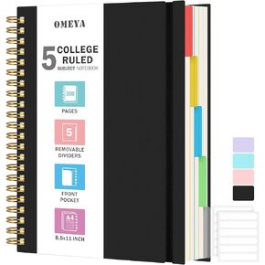 Spiral Notebook 8.5" x 11", 5 Subject Notebooks College Ruled with Removable Dividers, 300 Pages 100GSM Thick Spiral Writing Journal for Women & Men, Large A4 Lined Journal Notebooks for Work, School