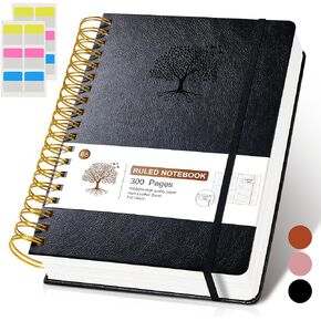 Lined Spiral Notebook Journal, 300 Pages Hardcover Leather Journals for Women Men, A5 College Ruled Notebooks, 100 GSM Thick Paper, Spiral Bound Journaling for Writing Work School 5.75"×8.38", Brown