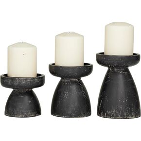 Deco 79 Wood Candle Holder, Set of 3 9", 7", 6"H, Black