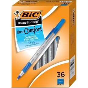 BIC Round Stic Grip Xtra Comfort Blue Ballpoint Pens, Medium Point (1.2mm), 36-Count Pack, Excellent Writing Pens With Soft Grip for Superb Comfort and Control