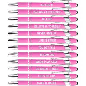 12 Pieces Insprational Quotes Ballpoint Pens with Screens Touch Stylus Tips for Women Motivational Encouraging Pens with Medium Point Smooth(12 Color,Black Ink)