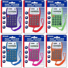 BAZIC Pocket Size Calculator 8-Digit w/Neck String, LCD Display, Small Standard Function Electronics Calculators, Assorted Color, 6-Pack