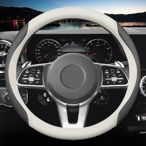 New Nappa Leather car Steering Wheel Cover, Universal 15 inch (White and Black)