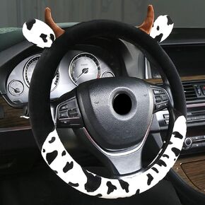 Cow Print Steering Wheel Cover, Universal 14.5 to 15 Inch Anti Slip and Sweat Absorption Comfortable Auto Steering Wheel Cover, Cute Cow Car Accessories with Cow Ear Horn Design