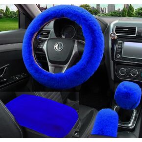 Dotesy 4 Pcs/Set Fluffy Faux Wool Car Steering Wheel Cover & Furry Auto Center Console Cover & Gear Shift Knob Cover & Handbrake Cover Universal Warm Winter (Black)