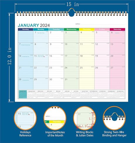 Wall Calendar 2024-2025, January 2024-June 2025, 15" x 12", Highlight Holidays, Planning Calendar, Thick Paper in Kuwait
