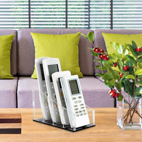 منظم حامل جهاز التحكم عن بعد للتلفزيون أكريليك 4 مقصورات، مجموعة فرشاة مكياج وحامل قلم لمكيف الهواء، بلو راي، أدوات التحكم في السخان ومستحضرات التجميل واللوازم المكتبية (عبوة واحدة، منحني، شفاف) in Kuwait