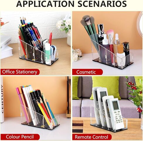 منظم حامل جهاز التحكم عن بعد للتلفزيون أكريليك 4 مقصورات، مجموعة فرشاة مكياج وحامل قلم لمكيف الهواء، بلو راي، أدوات التحكم في السخان ومستحضرات التجميل واللوازم المكتبية (عبوة واحدة، منحني، شفاف) in Kuwait