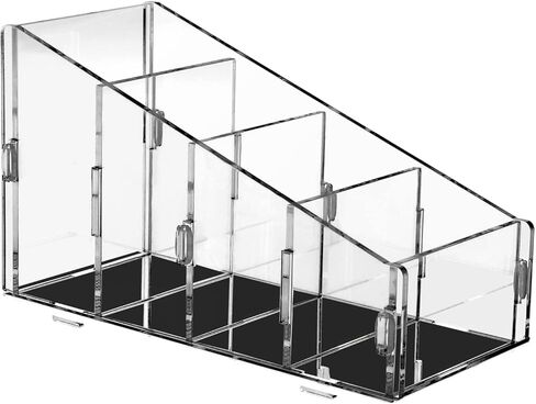 منظم حامل جهاز التحكم عن بعد للتلفزيون أكريليك 4 مقصورات، مجموعة فرشاة مكياج وحامل قلم لمكيف الهواء، بلو راي، أدوات التحكم في السخان ومستحضرات التجميل واللوازم المكتبية (عبوة واحدة، منحني، شفاف) in Kuwait