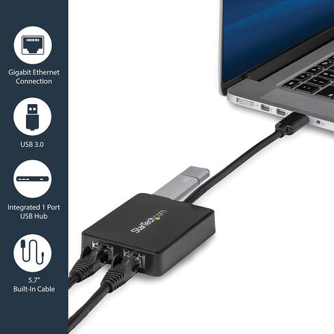 StarTech.com USB 3.0 إلى محول جيجابت إيثرنت ثنائي المنفذ مع منفذ USB - 10/100/100 - محول USB Gigabit LAN Network NIC (USB32000SPT) in Kuwait