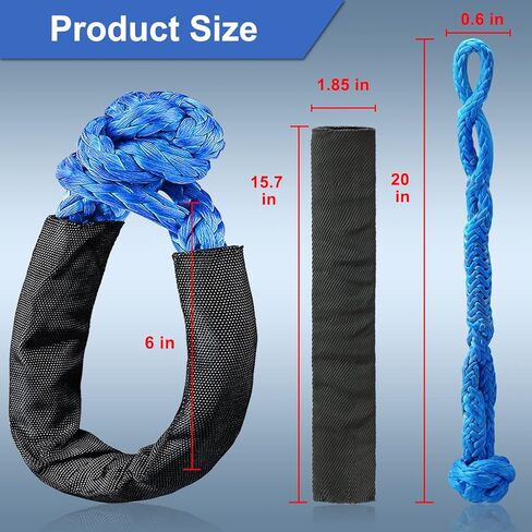 حبل تكبل صناعي ناعم 1/2 بوصة × 22 بوصة (قوة كسر 38.000 رطل) حبل استعادة تكبل ناعم للإبحار بسيارات الدفع الرباعي ATV 4X4 شاحنة جيب للتسلق والسحب (أزرق، عبوتان) in Kuwait