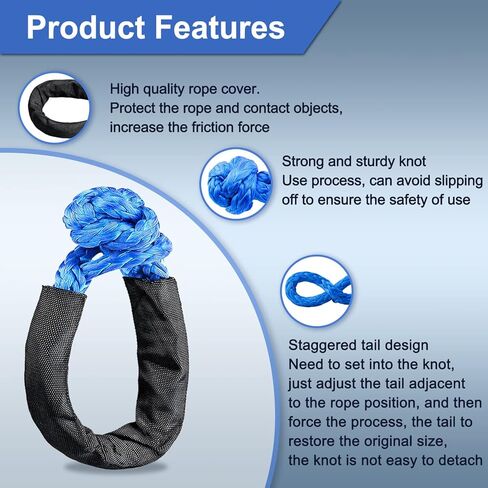 حبل تكبل صناعي ناعم 1/2 بوصة × 22 بوصة (قوة كسر 38.000 رطل) حبل استعادة تكبل ناعم للإبحار بسيارات الدفع الرباعي ATV 4X4 شاحنة جيب للتسلق والسحب (أزرق، عبوتان) in Kuwait
