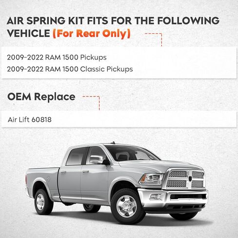 مجموعة أكياس تعليق الهواء 5000 رطل متوافقة مع 2009-2010 دودج رام 1500، 2011-2022 رام 1500، 2019-2022 1500 كلاسيك استبدال رفع الهواء 60818 in Kuwait