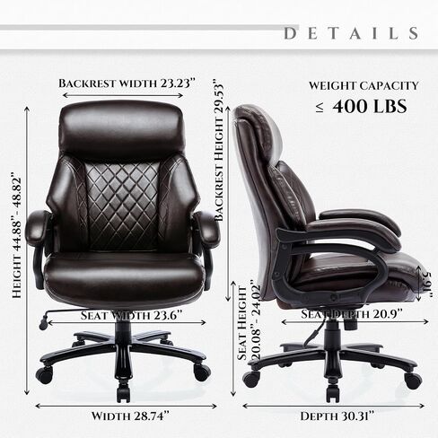 Big and Tall Office Chair 400lbs-Heavy Duty Executive Desk Chair with Extra Wide Seat, High Back Ergonomic Leather Computer Chair with Tilt Rock&Tension, Padded Armrests-Diamond Brown in Saudi Arabia