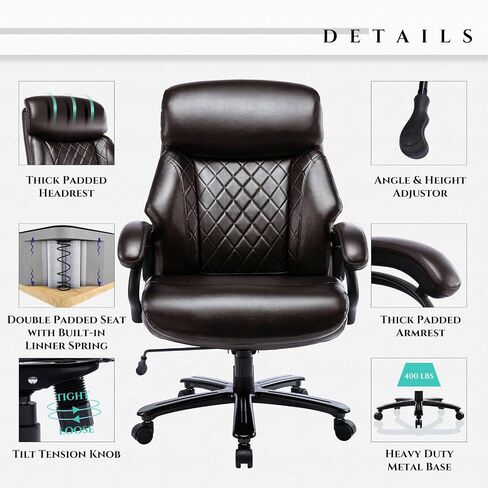Big and Tall Office Chair 400lbs-Heavy Duty Executive Desk Chair with Extra Wide Seat, High Back Ergonomic Leather Computer Chair with Tilt Rock&Tension, Padded Armrests-Diamond Brown in Saudi Arabia